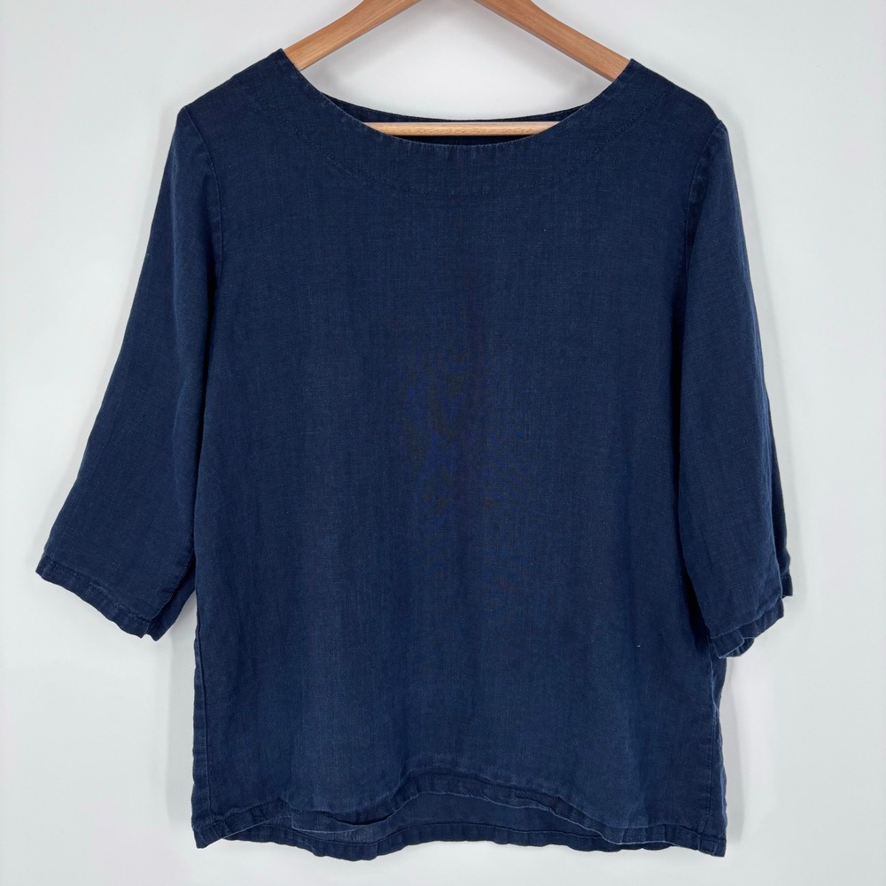 Len.Ok Navy Blue 100% Linen Boat Neck 3/4 Sleeve Blouse Top Women Size L Minimal